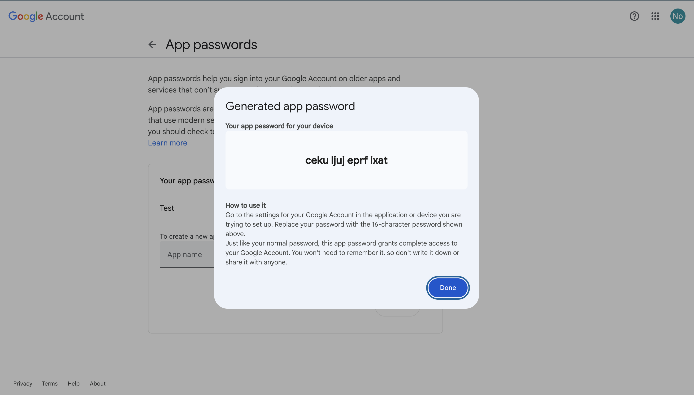 Application specific password create app